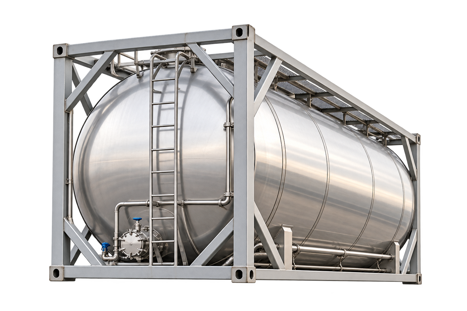 Illustrative stainless steel ISO tank container in its intermodal frame